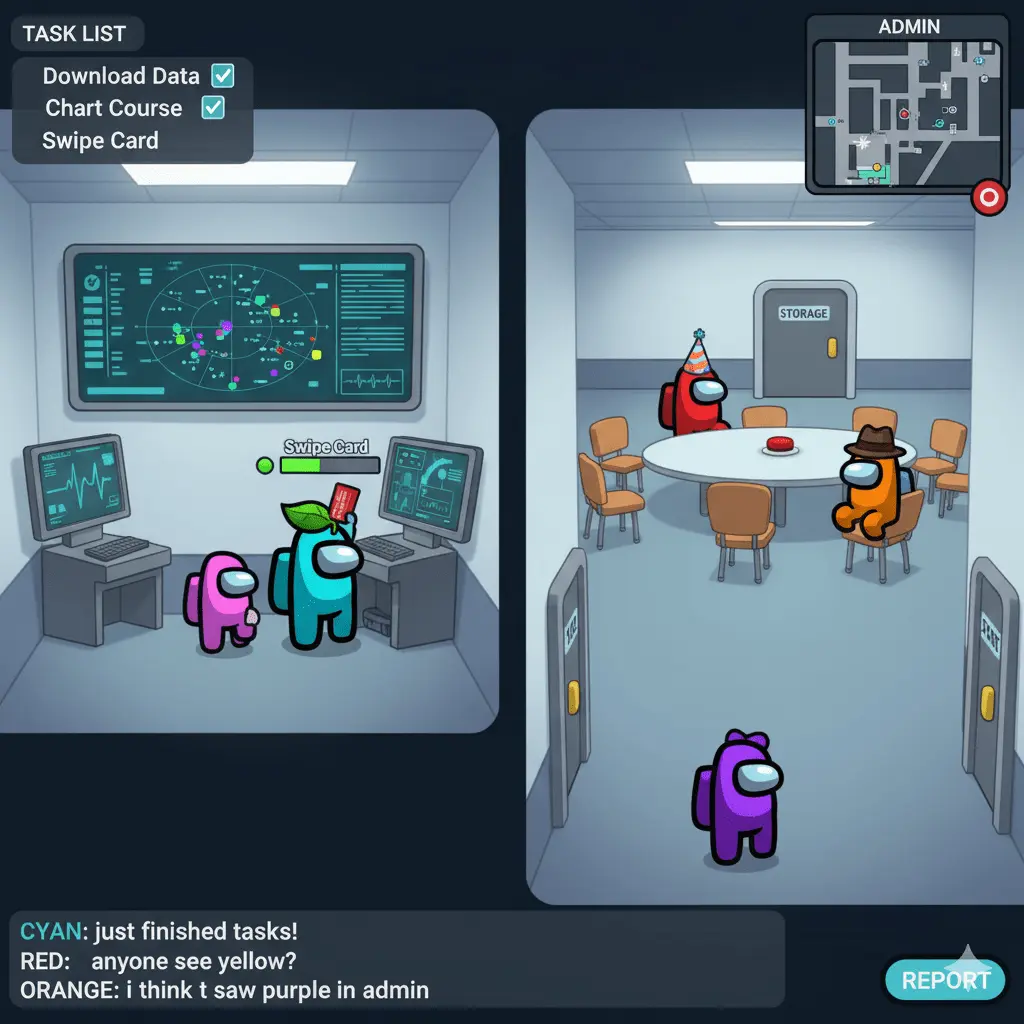 High-resolution Among Us PC screenshot showing crewmates collaborating to fix the Reactor Meltdown sabotage on The Skeld map.