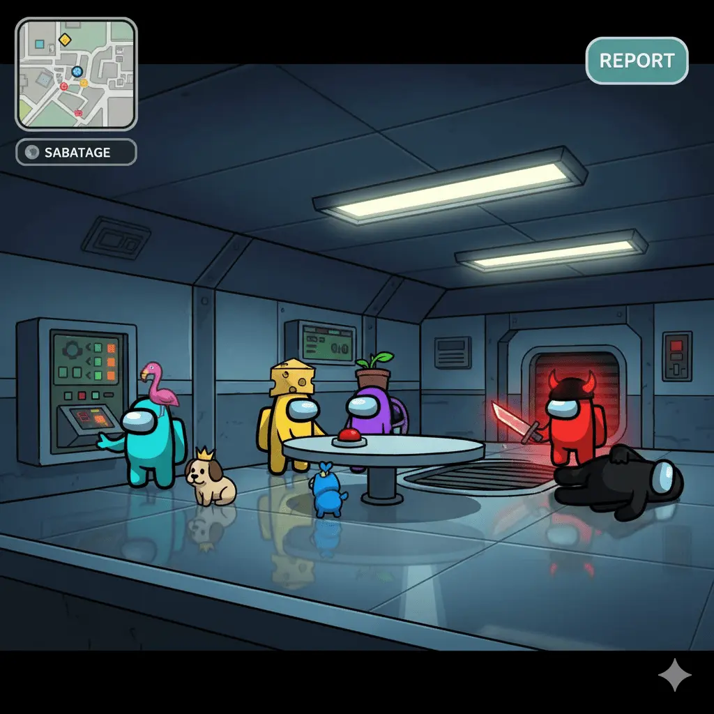 impostors in Skeld cafeteria meeting room with crewmates