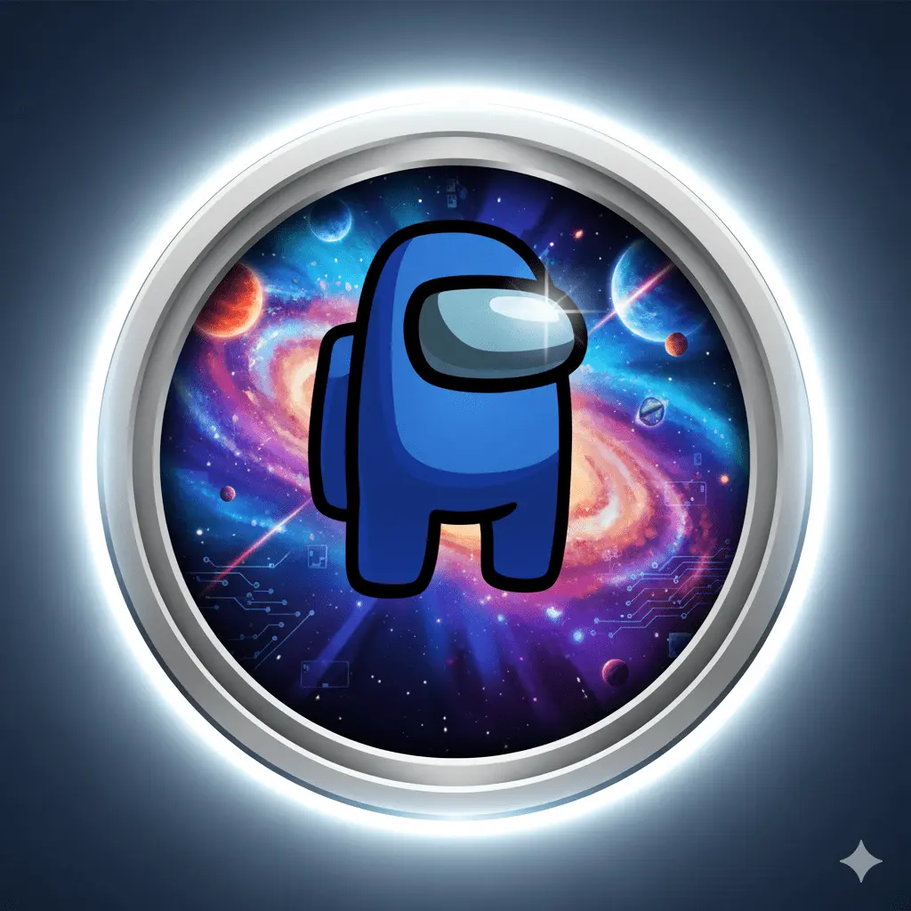 Vibrant Among Us blue crewmate icon against a swirling purple galaxy and futuristic circuit board background